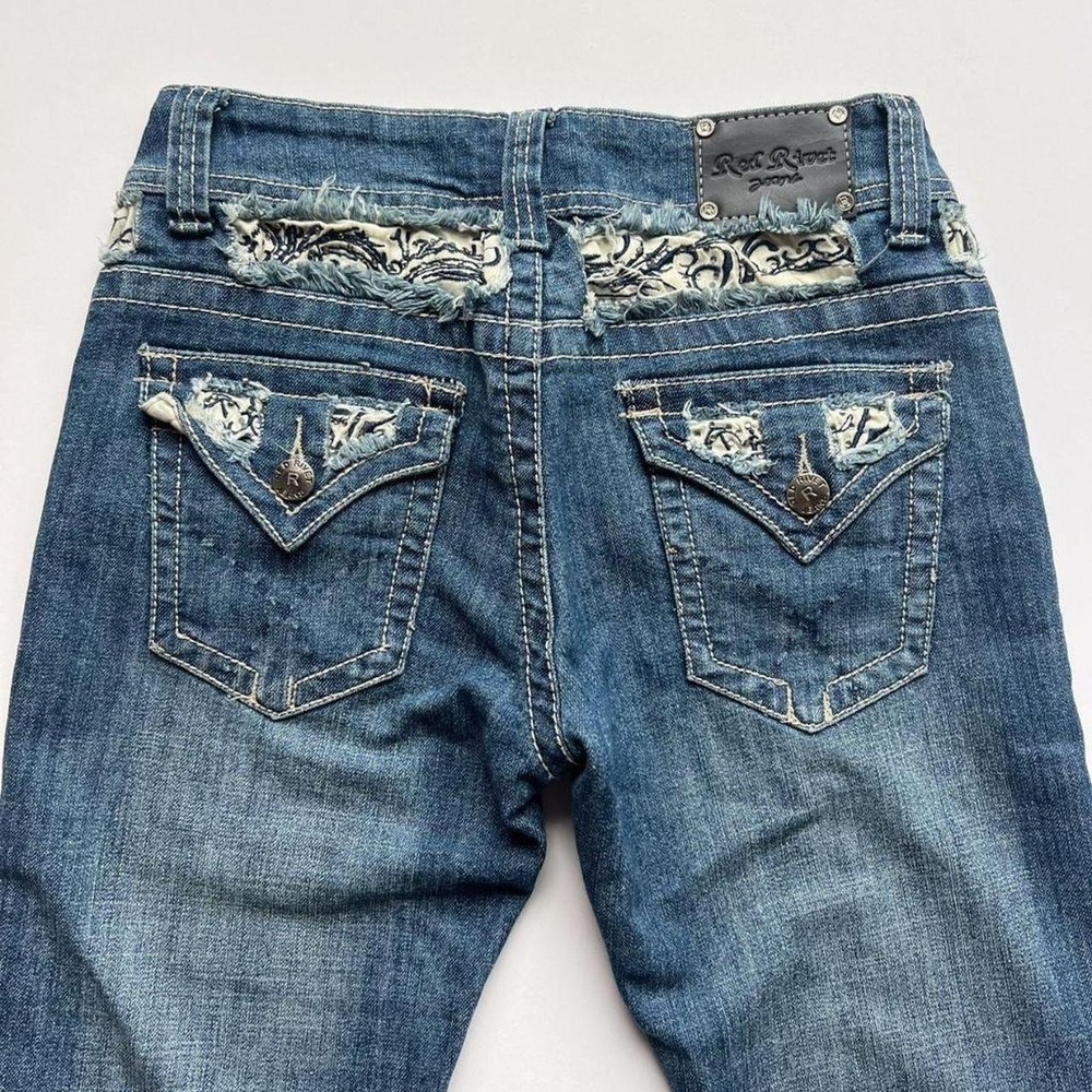 Y2K Red Rivet Low Rise Bootcut Jeans With Embellished Pockets - Picture 7 of 7